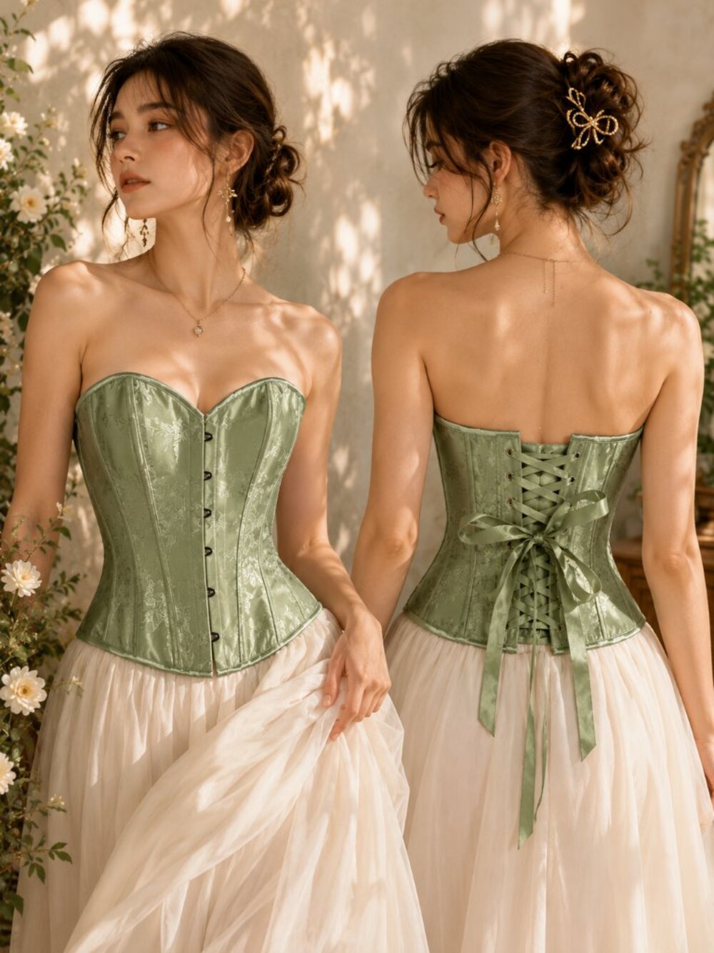 Sage Green Satin Floral Corset Bustier Top, L